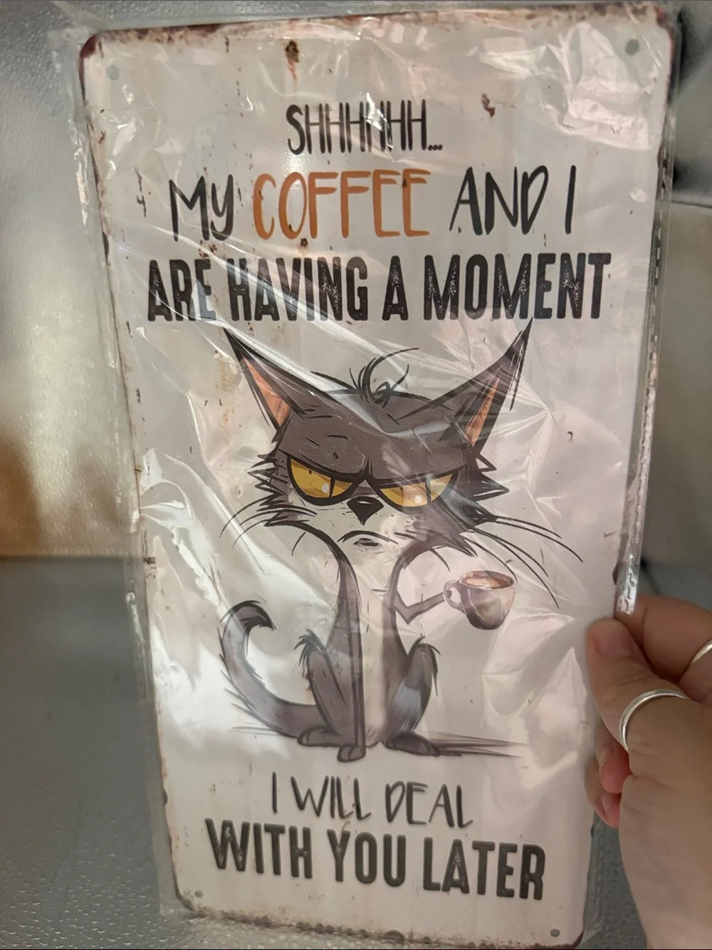 Coffee Cat Wall Sign - White Background with Brown Cat